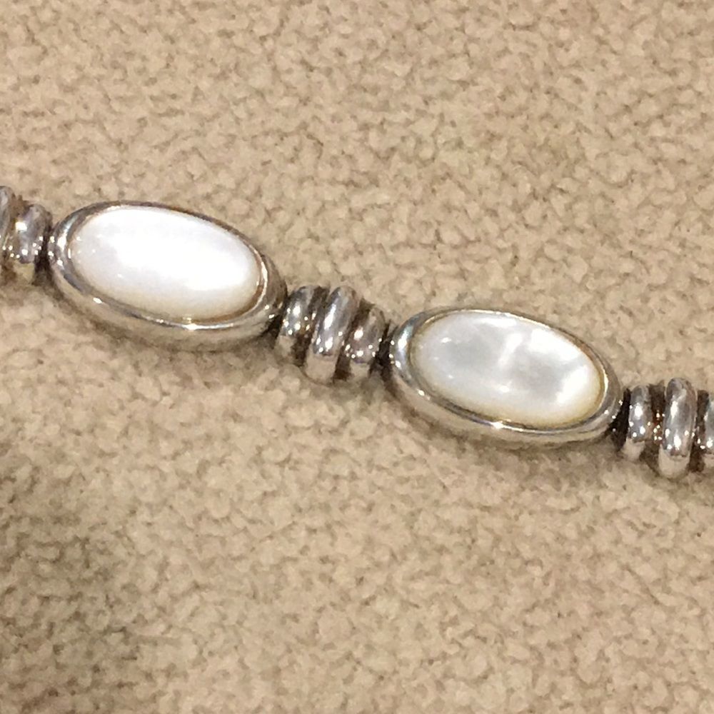 Vintage Mother of Pearl Cabochon Sterling Silver 925 Bracelet - Picture 3 of 12